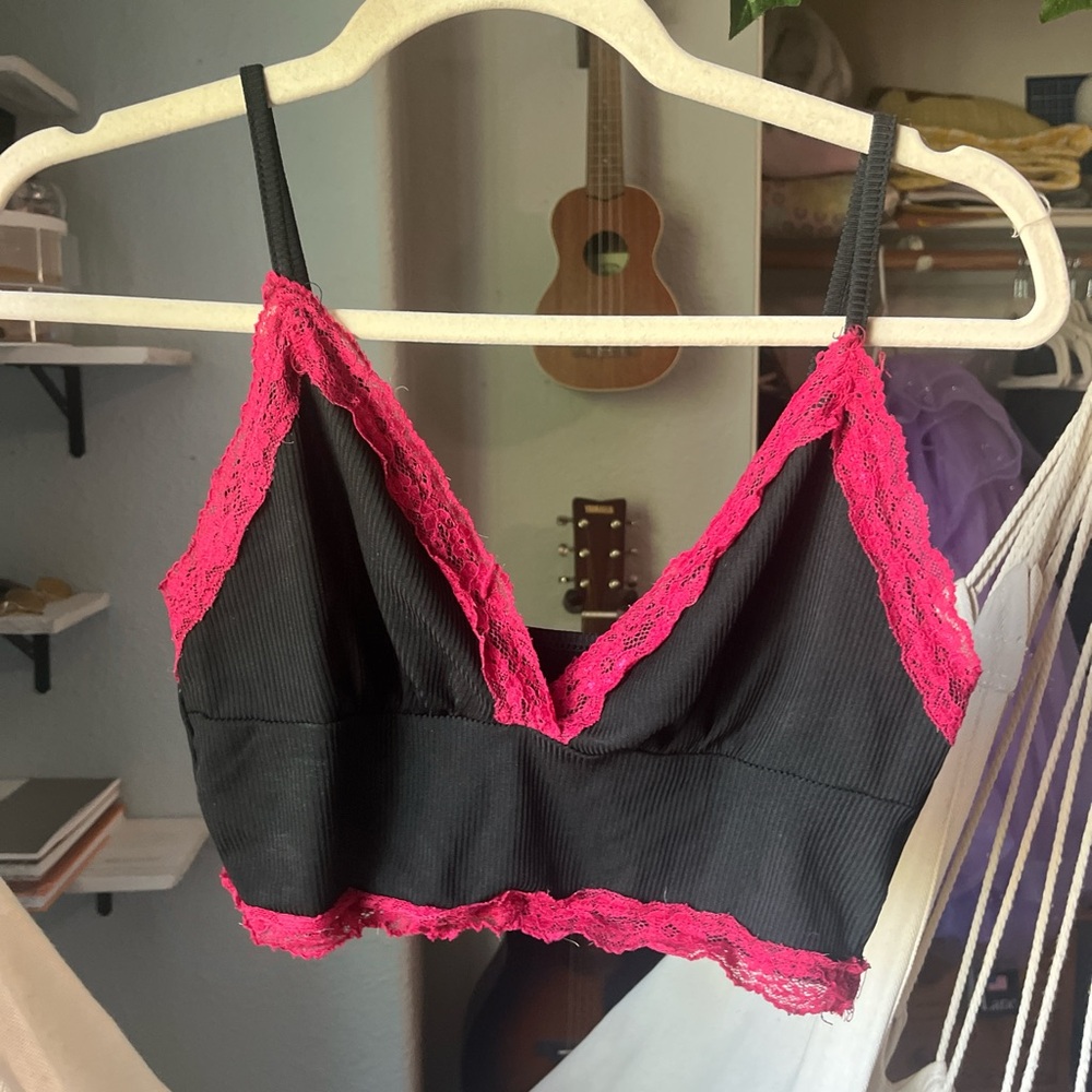Black and Pink Lace Trim Bralette